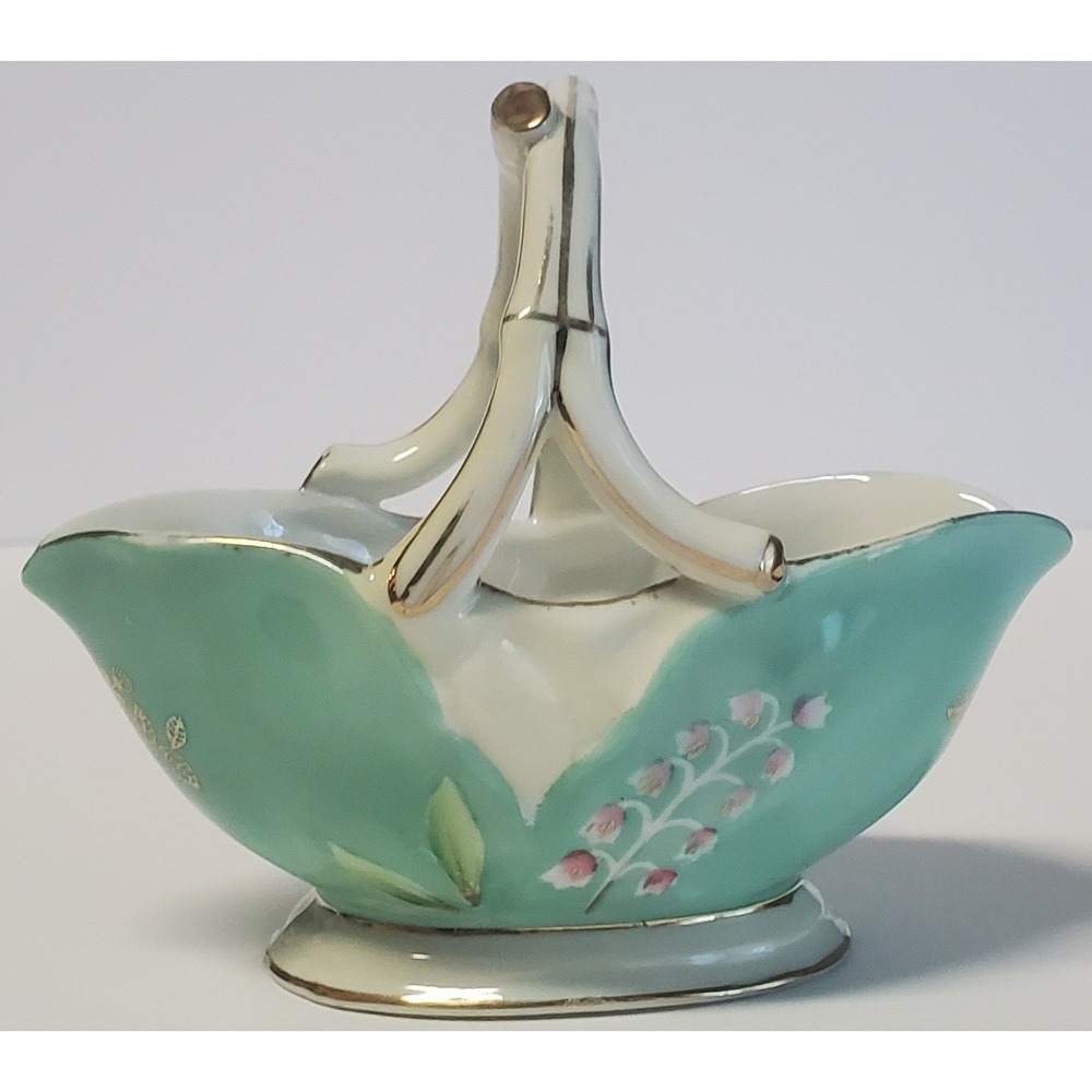 VTG Norcrest Fine China Trinket Basket Aqua/Pink/White HandPaint Gold Leaf 8/156 - Picture 2 of 11